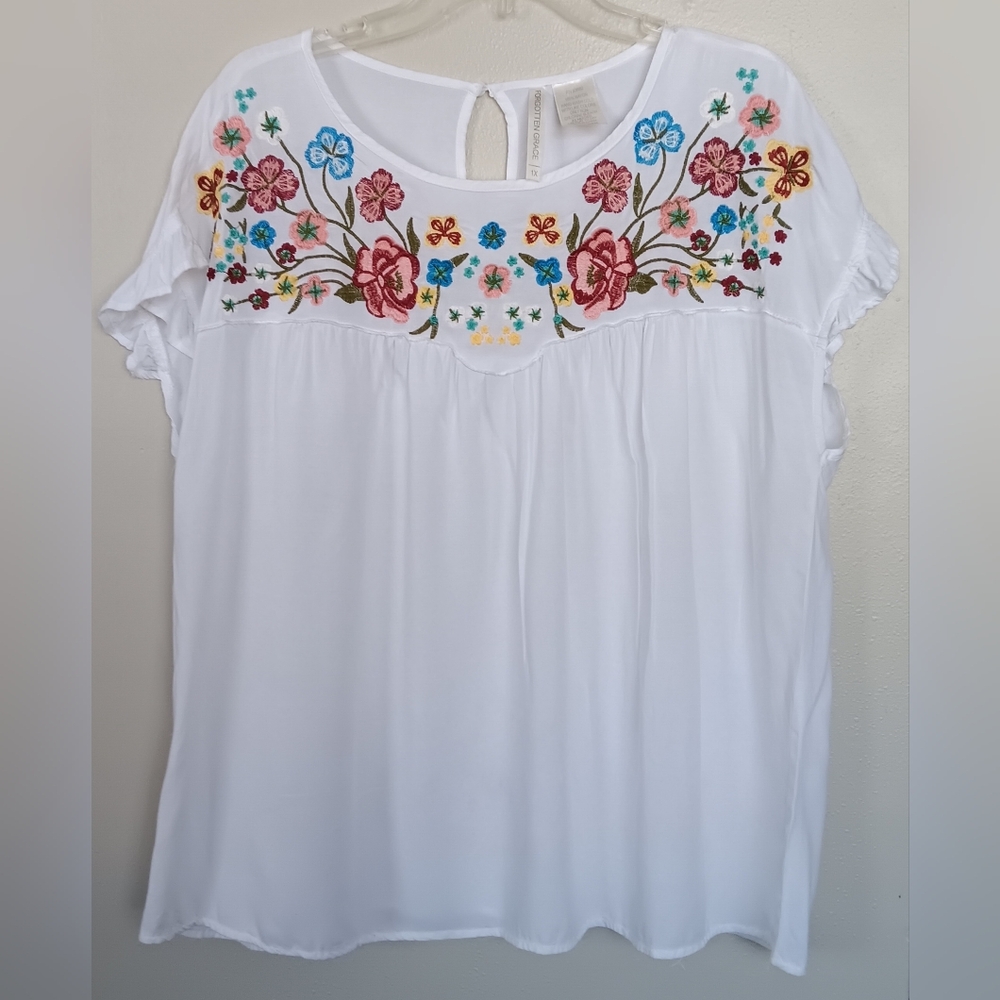 Forgotten Grace Antropologie Embroidered Floral White Top Sz 1X
